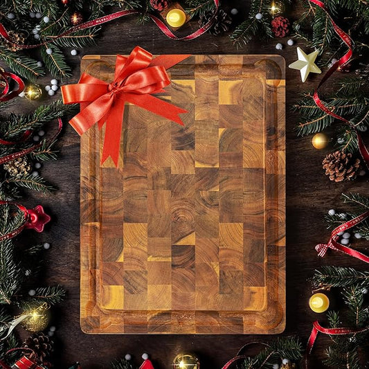 Yes4All Durable Acacia Cutting Boards for Kitchen, [20''Lx15''Wx1.5” Thick] Large End Grain Cutting Board, Pre Oiled Wood Cutting Boards, Thick Chopping Board w/Juice Grooves and Easy Grip Handle