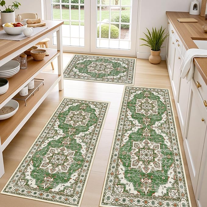 Tritard Non Slip Kitchen Rugs Sets of 3 Washable Kitchen Rug Boho Kitchen Mats for Floor Soft Kitchen Runner Rug Non Skid Kitchen Floor Carpet for Entryway Hallway Laundry Room, Green