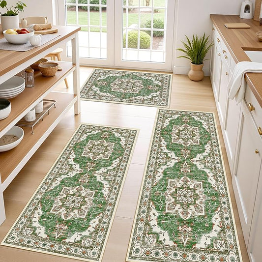 Tritard Non Slip Kitchen Rugs Sets of 3 Washable Kitchen Rug Boho Kitchen Mats for Floor Soft Kitchen Runner Rug Non Skid Kitchen Floor Carpet for Entryway Hallway Laundry Room, Green