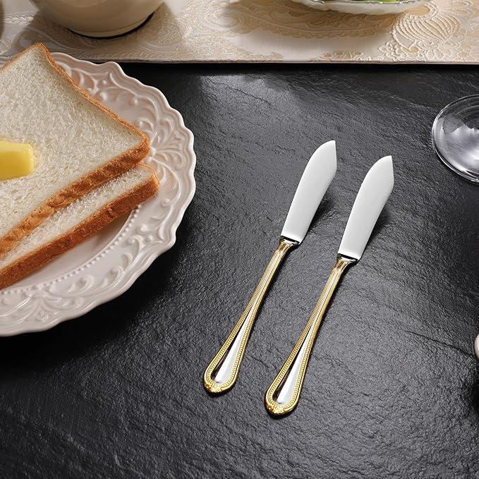KEAWELL Premium Pearl Edge Butter Knives, 4-Piece Set, 18/10 Stainless Steel, 6.9 Inches, Dishwasher Safe. (Gold Accent)