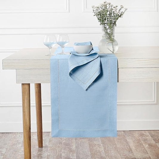 D'Moksha Homes Linen Powder Blue Table Runner 60 Inches - Classic Hemstitch, 100% Pure Linen Coffee Table Runner 14 x 60 Inch Ideal for Dresser Tables - Spring, Easter