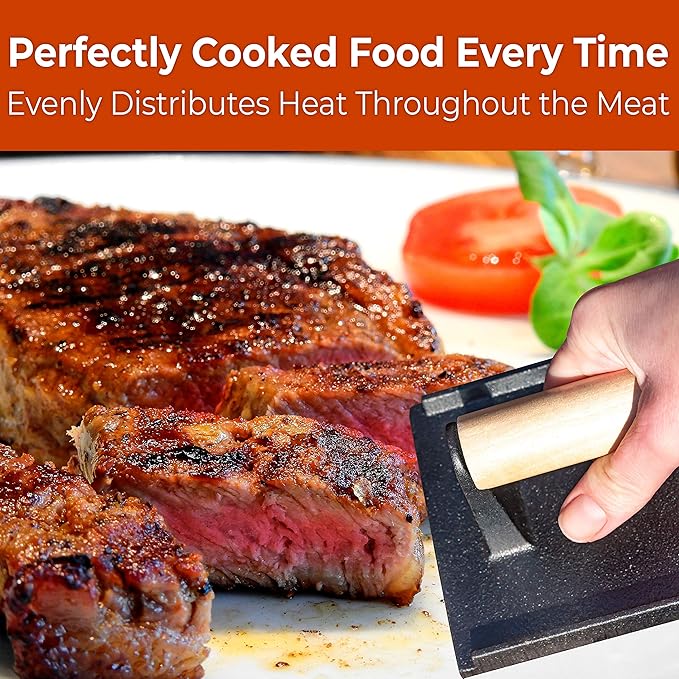 Versatile, Safe-Touch 8x4in Cast Iron Grill Weight 2pk. Perfect Meat Press With Wooden Handle for Crispy Bacon, Evenly Cooked Steak and Healthier Burgers. Great for Flat Top, Oven, Griddle and Skillet