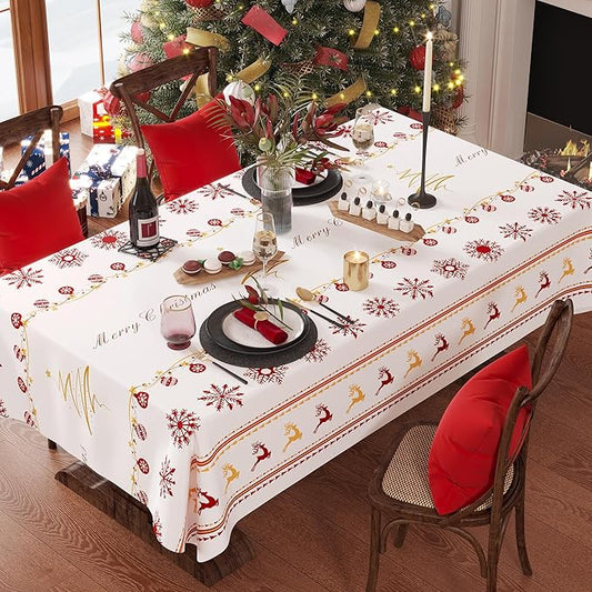 Christmas Rectangle Table Cloth,100% Waterproof Tablecloth,Christmas Decorations for Home, Vinyl Tablecloth Plastic Table Cover for Party，Picnic,Dining,Outdoor 54" x 54",Merry Ribbon