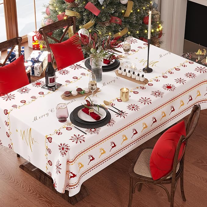 Christmas Rectangle Table Cloth,100% Waterproof Tablecloth,Christmas Decorations for Home, Vinyl Tablecloth Plastic Table Cover for Party，Picnic,Dining,Outdoor 54" x 84",Merry Ribbon