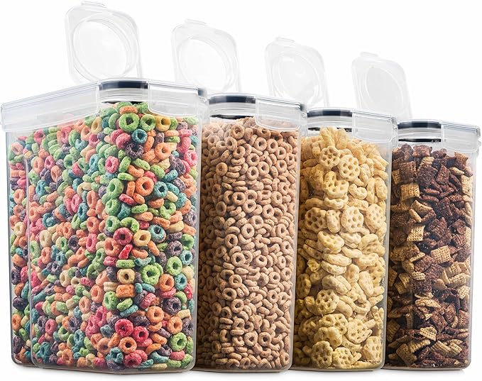 4 Pack Airtight Cereal & Dry Food Storage Container - BPA Free Plastic Kitchen and Pantry Organization Canisters for, Flour, Sugar, Rice, Nuts, Snacks, Pet Food & More (4L, 16.9 Cup, 135.5 Ounce