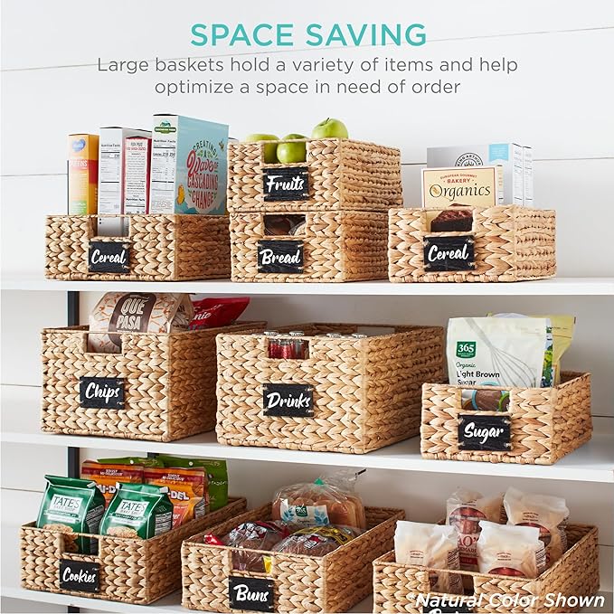 Best Choice Products Set of 4 9x12in Water Hyacinth Pantry Baskets, Woven Organizers w/Chalkboard Label, Chalk Marker - Black