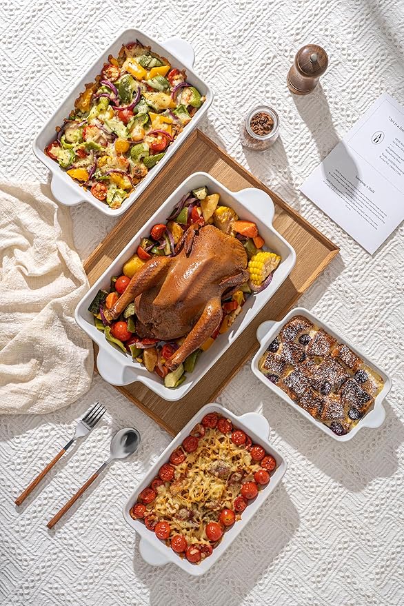 Casserole Dishes for Oven - Ceramic Bakeware Sets of 4, Rectangular Baking Deep Dishes with Handles, Lasagna Pans for Kitchen Cooking & Wedding Gift, Embossed