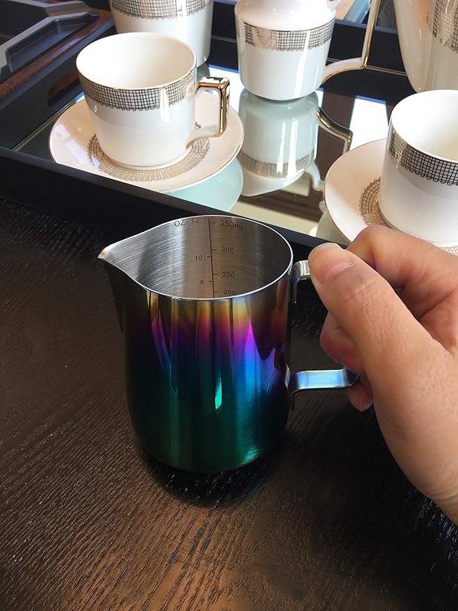 Stainless Steel Milk Frother - 12oz, 350ml Steaming Pitcher - Perfect for Latte Art, Espresso & Cappuccino Makers - Rainbow Color