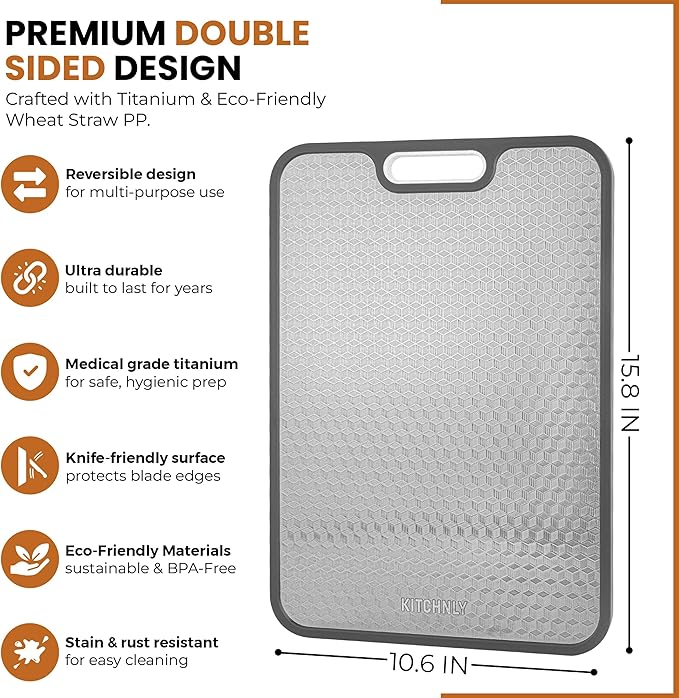 2 in 1 Titanium Cutting Board for Kitchen – Large 16" x 11"- 100% Pure Titanium & Wheat Straw PP Double Sided Chopping Board - Hygienic, Non-Toxic, Food grade, Non Slip, Textured Surface