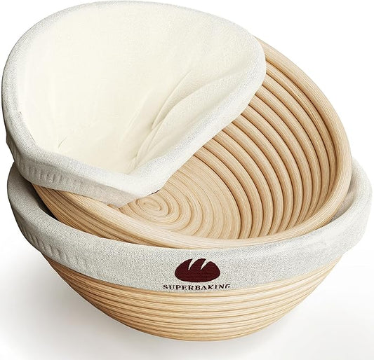 Superbaking Banneton Bread Proofing Basket Set of 2, 9" Splinter-Free Round Rattan Bread Basket with Liners, Sourdough Starter Kit, Sourdough Bread Baking Supplies & Sourdough Kit, Bread Making Tools
