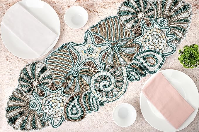 Elegant Dining Table Runner - Handmade Beaded & Polyester Table Runner - 13x36 Stain-Resistant Floral Accent for Dining Table, Wedding, Party, Holiday Décor (Green Brown White) - ALPHA Living HOME