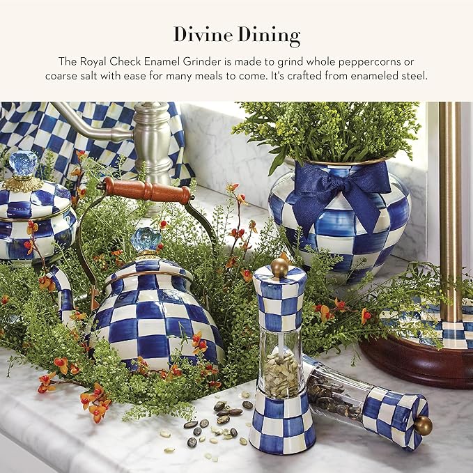 MACKENZIE-CHILDS Enamel Grinder, Refillable Manual Salt Grinder and Pepper Grinder, Blue-and-White Royal Check