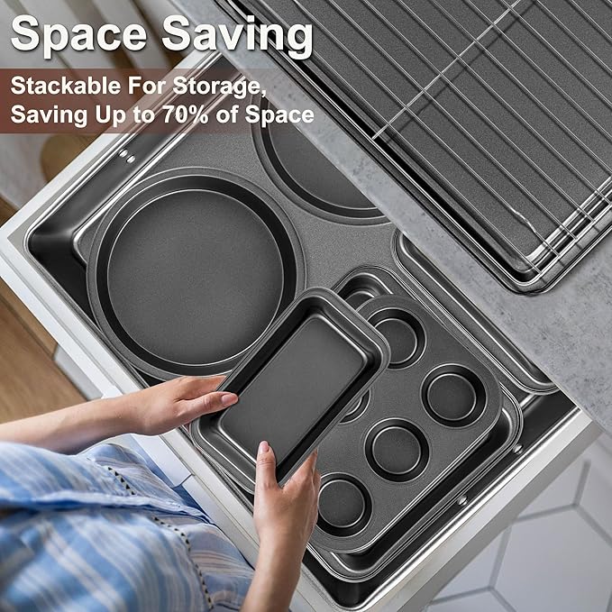 Funnydin 12PCS Nonstick Baking Pans Set - Stackable Bakeware Sets with Wider Grip, Carbon Steel Baking Set Including Cookie Sheets for Baking, Muffin Pan, Loaf Pan, Cake pan, Roasting Pan, Oven Mitts