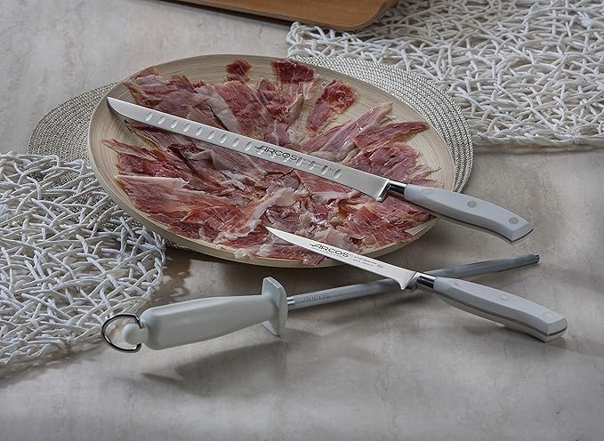 Arcos Forged 3 pieces - Nitrum Stainless Steel and mm blade.Professional Kitchen Knife for Cooking. 755 gr. Ergonomic Polyoxymethylene POM Handle. Series Riviera Blanc. Color White