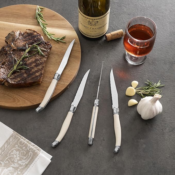 French Home Laguiole Connoisseur 4-Piece Steak Knife Set – Stainless Steel with Ivory-Colored Handles, Etched Detailing & Napoleon Bee Emblem – Serrated Knives for Smooth Cutting (9.25")