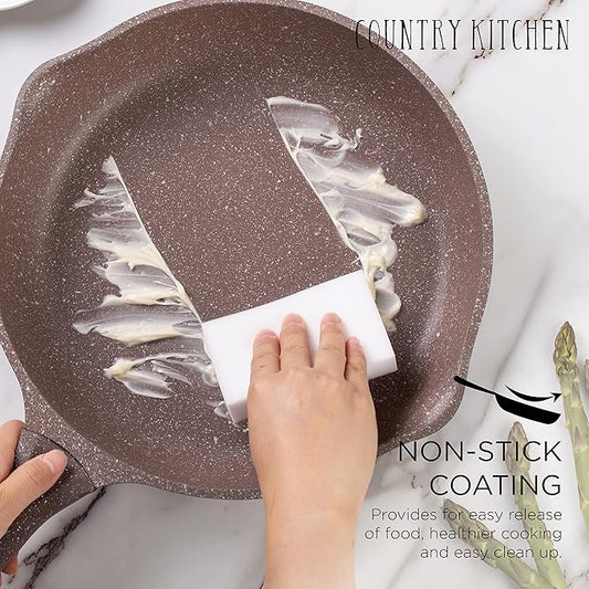 Country Kitchen Non-Stick Cast Aluminum Cookware Set - Durable Kitchen Cookware for Everyday Cooking, Chocolate Brown, 6 Pc.