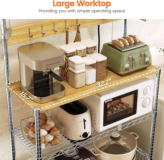 Bakers Rack with Power Outlet & Storage, 33 Inch Microwave Stand Kitchen Shelf Storage Rack, Coffee Bar Cart with Wheels & Hooks, 4-Tier Metal Kitchen Shelves Cart, Chrome