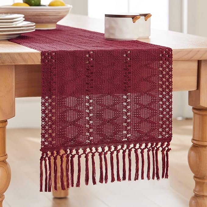 ZeeMart Macrame Style Boho Table Runner, Burgundy Red Table Runners 60 Inches Long, Farmhouse Woven Home Decor, 12x60 Inch, Burgundy