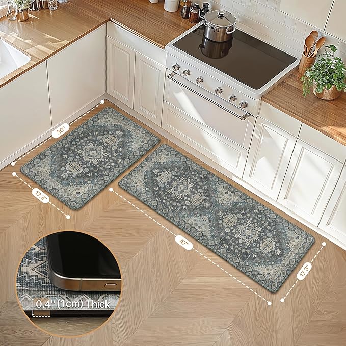 GENIMO Kitchen Mats for Floor, 2PCS Kitchen Rugs Non Slip Washable, Waterproof Anti Fatigue Mat, Comfort Standing Runner Rug for Sink, Office, Laundry, Home, 17.3"x47"+17.3"x30", Blue