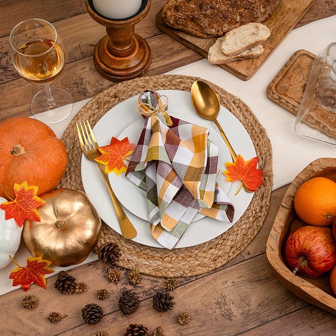 Blue Needles Buffalo Plaid Cloth Napkins - 100% Cotton Set of 12 Harvest Gingham Napkins 18x18 inches - Soft, Reusable, Washable, Ideal for Wedding Parties & Everyday Use - Harvest Checks