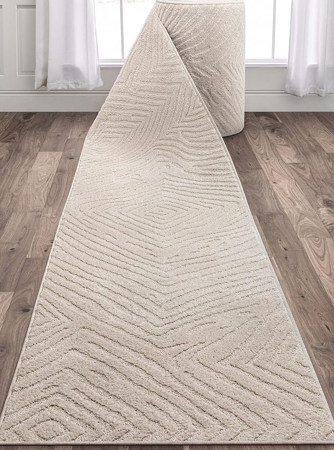 Well Woven Custom Size Hallway Stair Runner - Choose Your Length - 27 Inches Wide x 6 Feet Long Runner (27" x 6' Runner) Rug - Ivory Relajo Soft Touch, Modern Geometric - Hi-Lo Pile