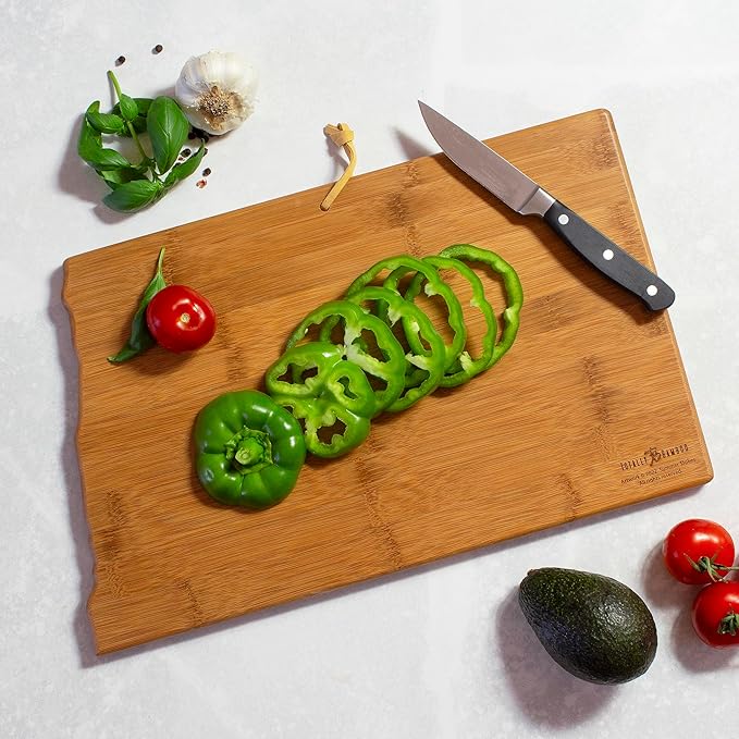 Totally Bamboo North Dakota State Shaped Cutting Board and Charcuterie Serving Platter with Artwork by Summer Stokes, Includes Hang Tie for Wall Display