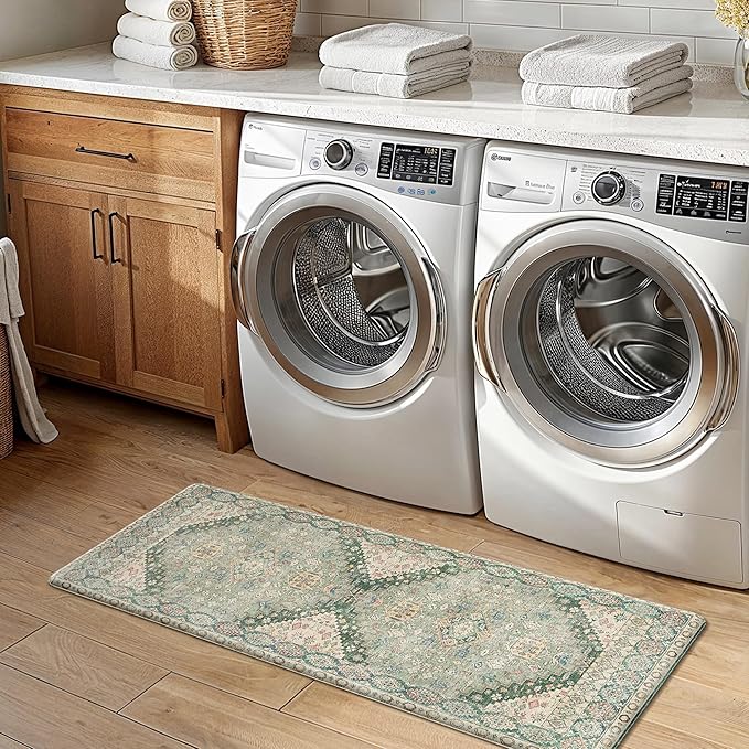 GENIMO Kitchen Mats for Floor, 2PCS Kitchen Rugs Non Slip Washable, Waterproof Anti Fatigue Mat, Comfort Standing Runner Rug for Sink, Office, Laundry, Home, 17.3"x47"+17.3"x30", Green