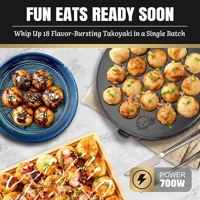 Takoyaki Maker Pan with Temperature Control, Tools and Recipes, Make 18 Japanese Octopus Balls at once, Easy to Use and Store