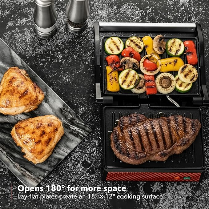 OVENTE Electric Indoor Panini Press Grill and Sandwich Maker with Non-Stick Coated Plates, Cool-Touch Handle and Removable Drip Tray, Opens 180 Degrees to Fit Any Type or Size of Food, Red GP0540R
