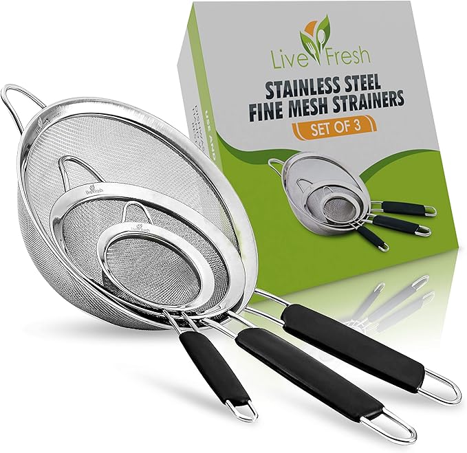LiveFresh Food Strainer Set - Premium Fine Stainless Steel Fine Mesh Set of Strainers, Colanders and Sifters Crafted for Quinoa and More with Comfortable Non Slip Handles - Set of 3
