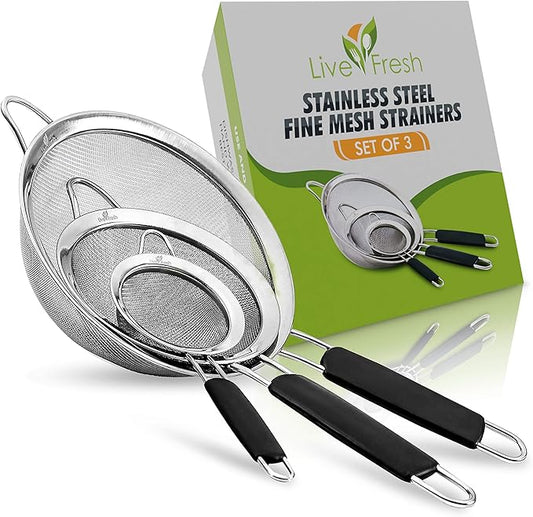 LiveFresh Food Strainer Set - Premium Fine Stainless Steel Fine Mesh Set of Strainers, Colanders and Sifters Crafted for Quinoa and More with Comfortable Non Slip Handles - Set of 3