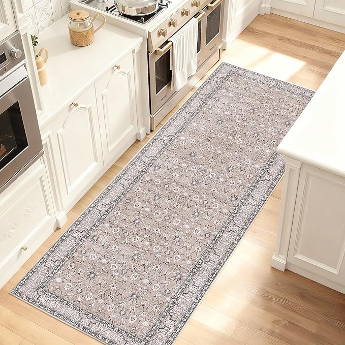 Kuden 2'6"x12 Runner Rug, Machine Washable Area Rug with Non-Slip Backing, Vintage Style, Soft, Easy Clean, Low Pile Rug for Hallway, Entryway, Kitchen, Bedroom