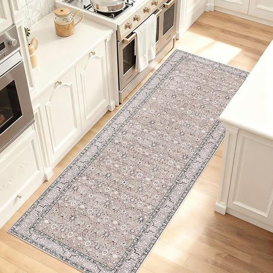 Kuden 2'6"x12 Runner Rug, Machine Washable Area Rug with Non-Slip Backing, Vintage Style, Soft, Easy Clean, Low Pile Rug for Hallway, Entryway, Kitchen, Bedroom