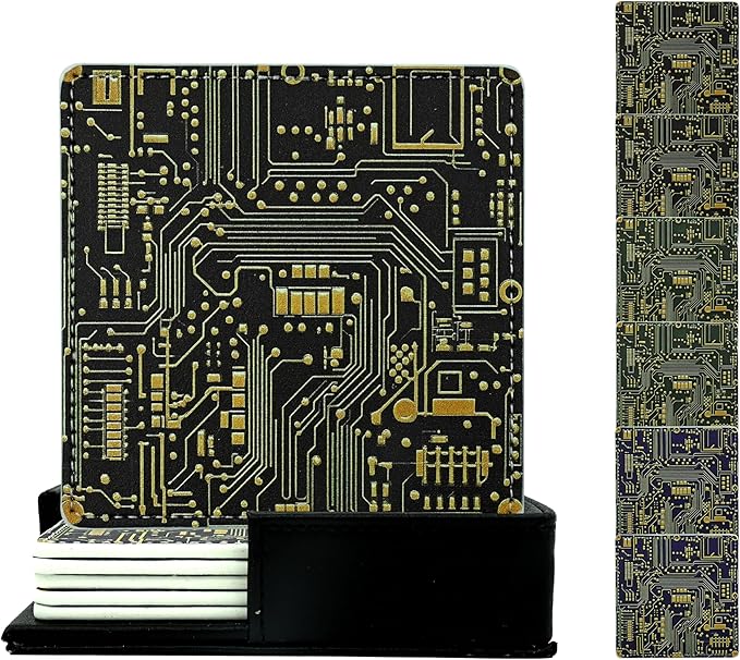 Marble Coasters Square Leather Drinks Coaster Set with Holder for Coffee Table Bar Home Decor 4 Inches Set of 6 (Circuit Board, One Size)