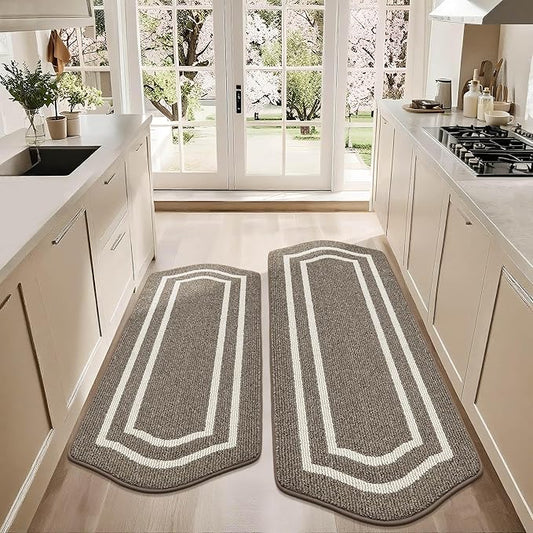 COSY HOMEER Long Kitchen Floor Mats for in Front of Sink Super Absorbent Kitchen Rugs and Mats 24"x48"+24"x59"Non-Skid Kitchen Mat Standing Mat Washable,Polypropylene,Brown,Frame