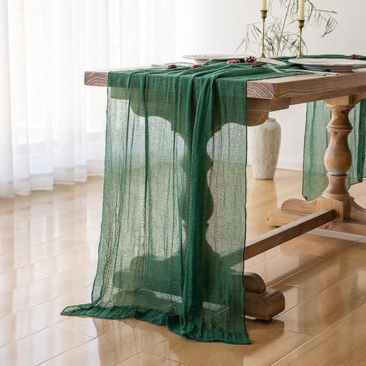 Keketoarrange 3pcs Emerald Green Table Runner Cheesecloth Gauze 120 Inch 10 FT Rustic Boho Cheese Cloth Table Decor for Wedding Baby Bridal Shower Party Long Sheer Vintage Spring Home Decorations