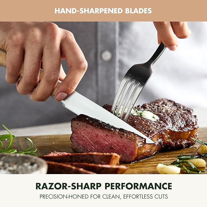 GreenPan Elite 13 Piece Wooden Knife Block Set, Professional Stainless Steel Blades with Titanium Coating, Ultra-Sharp Kitchen Cutlery, Chef, Santoku, Bread & Steak Knives, Ergonomic Wood Handles
