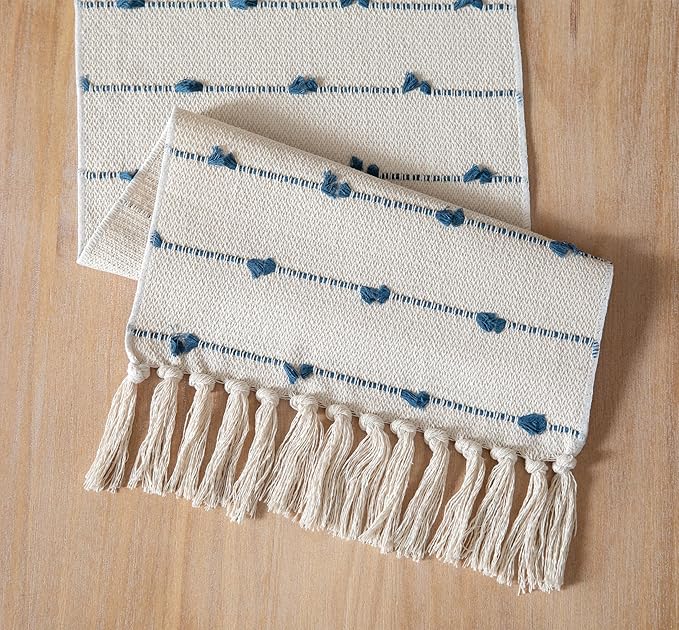 Caflife Boho Table Runner 90 Inchs Long for Modern Farmhouse Room Home Decor, Blue and Beige Coffee Table Runner, Natural Cotton Woven with Tassels Neutral, for Kitchen Dining Table Decor