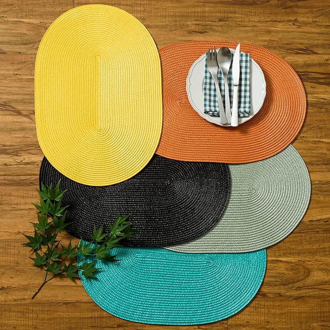 AHHFSMEI Placemats Set of 8 for Dining Table Washable Woven Vinyl Non-Slip 18x12 inches Placemat Heat-Resistant Durable Table Mats for Dining Table Easy to Clean (Yellow, 8)