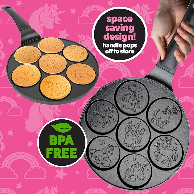 Unicorn Mini Pancake Pan- Make 7 Unique Flapjack Unicorns, Nonstick Pan Cake Maker Griddle for Breakfast Fun & Easy Cleanup, Girls Magical Treat, Dessert or Gift for Kid Party- Easy to Use Long Handle