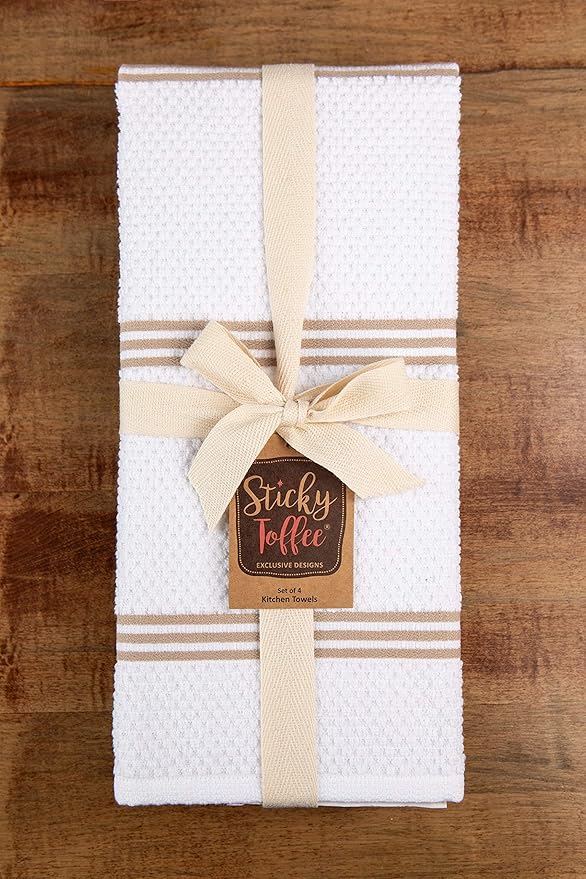 Sticky Toffee Cotton Kitchen Towels Set of 4 – 28x16 in Tan and White Dish Towels, Reusable and Absorbent Tea Towels for Cleaning or Drying, Oeko-Tex Cotton
