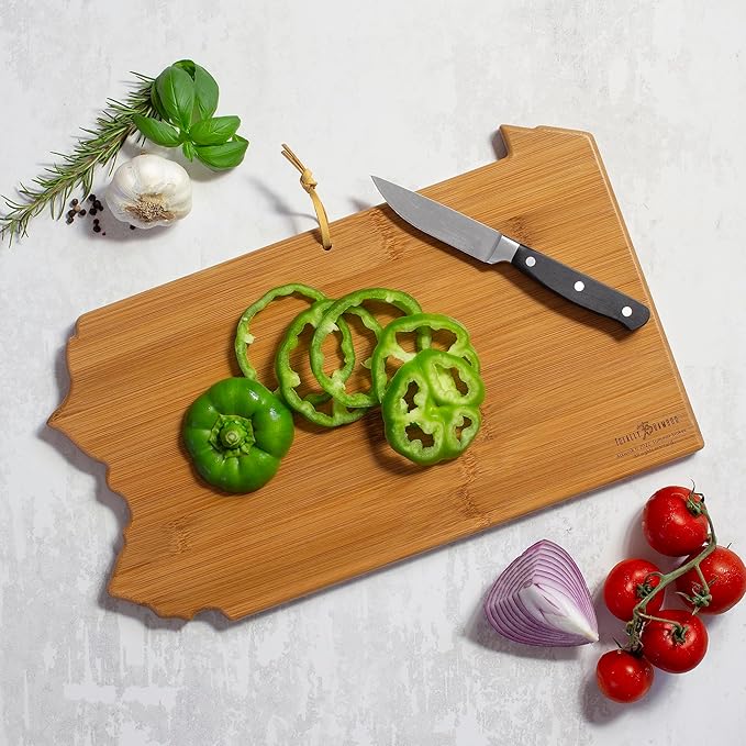 Totally Bamboo Pennsylvania State Shaped Cutting Board and Charcuterie Serving Platter with Artwork by Summer Stokes, Includes Hang Tie for Wall Display