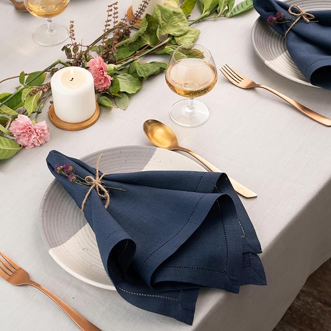 D'Moksha Homes Navy Blue Linen Napkins Set of 8 - Classic Hemstitch 100% Pure Linen Hemstitch Dinner Napkins 20 x 20 Inch for Easter - Handcrafted and Machine Washable