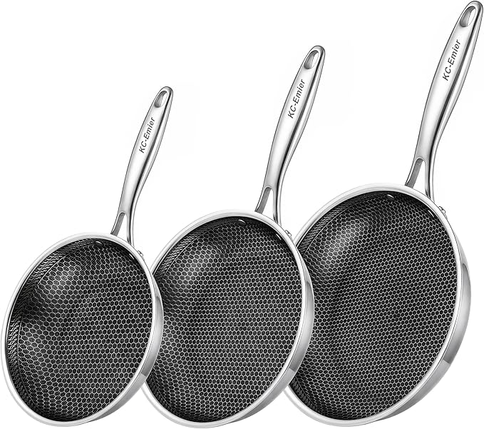 KC-Emier 8/10/12 Inch Non-Stick Frying Pan Set Tri-Ply Stainless Steel Pan with Stay-Cool Handle Oven & Dishwasher Safe For Induction, Ceramic & Gas Stovetops
