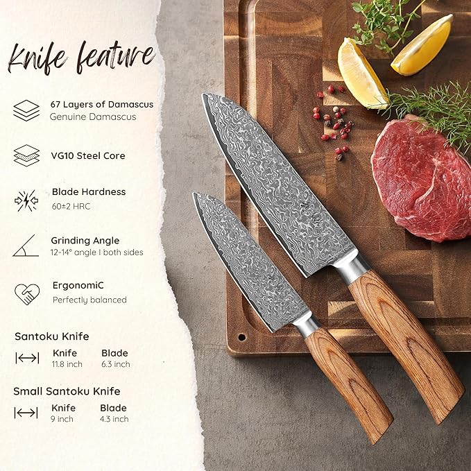 Wakoli EDIB Pro 2-Piece Damascus Kitchen Knife Set – Santoku & Small Santoku with VG10 Core made of 67-Layer Damascus Steel Blades – Professional Chef Knives with Ergonomic Pakkawood Handles