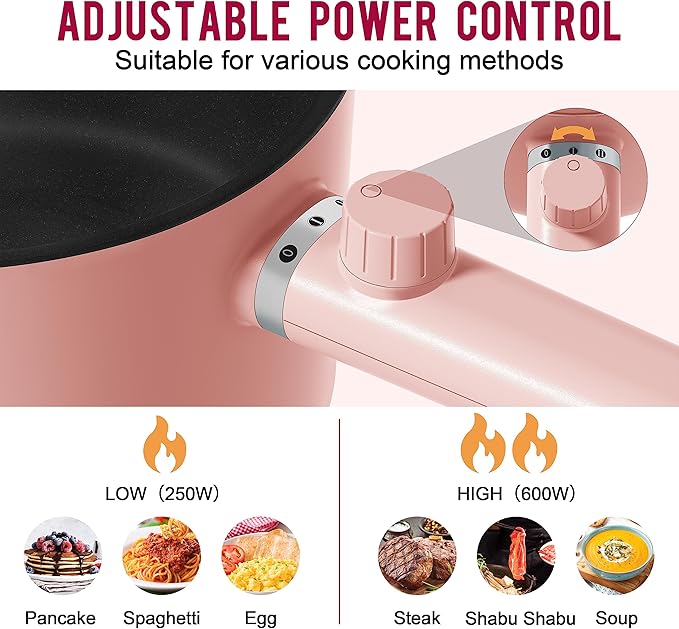 Topwit Hot Pot Electric with Steamer, 1.5L Ramen Cooker, Non-Stick Sauté Pan, Portable Cooking Pot, Electric Cooker with Dual Power Control, BPA Free, Over-Heating & Boil Dry Protection, Pink