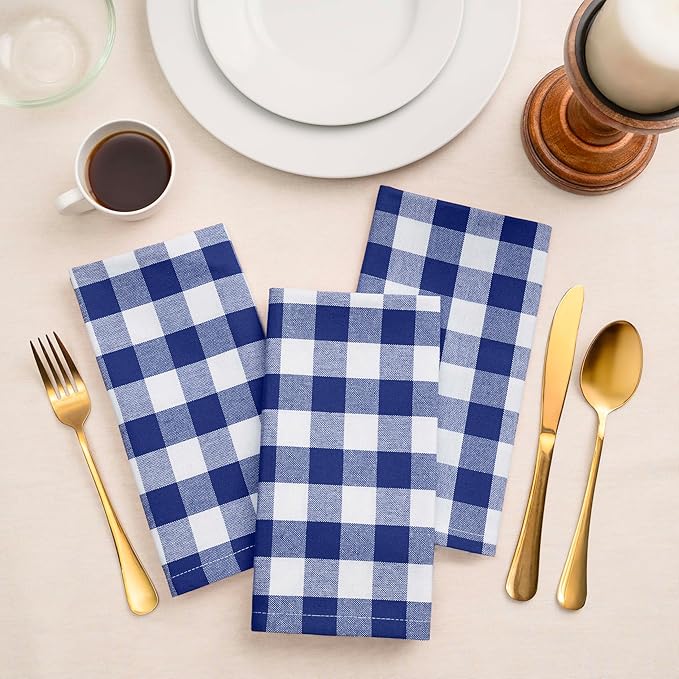 Blue Needles Gingham Buffalo Plaid Cloth Napkins 100% Cotton Set of 12 Dinner Table Napkins 18x18 inch Soft, Reusable, Washable Perfect for Wedding Parties & Everyday Use - Blue and White