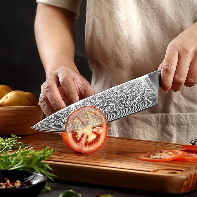 Damascus Chef Knife, 8 Inch Japanese Steel Kitchen Knife, 67-Layers AUS-10 Damascus Steel with Ergonomic Original Olive Wood Handle, Cooking Knives for Home Kitchen Gift Idea