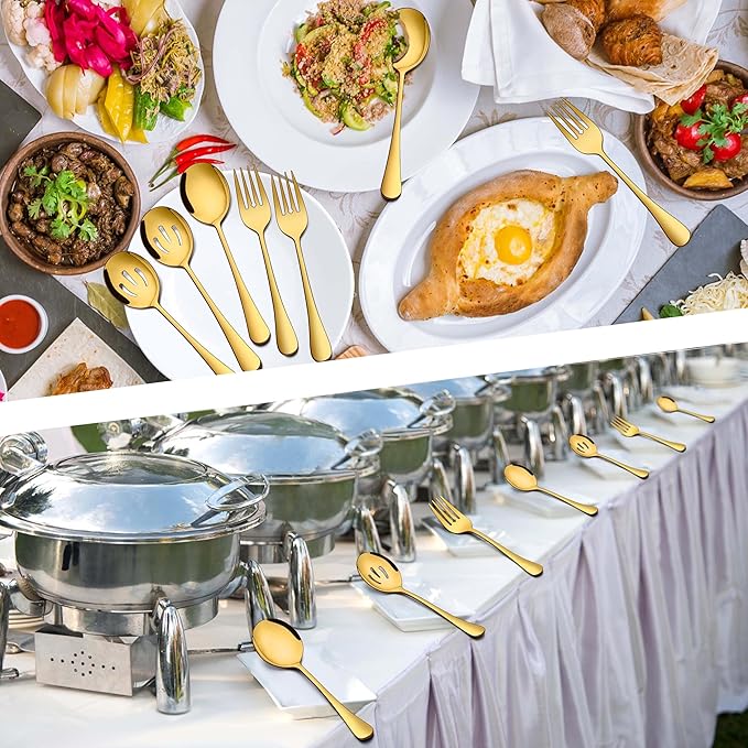 Homikit 6 Pack Serving Spoons Slotted Spoons Forks, 9.8 Inch Stainless Steel Gold Serving Utensils Hostess Set for Catering Buffet Party Banquet Restaurant, Mirror Polish & Dishwasher Safe