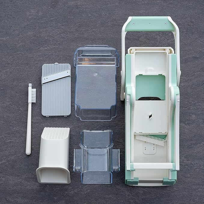 EDI Safe Mandoline Slicer - 5 Interchangeable Blades, Dishwasher Safe, Easy Set-Up - White & Mint Green